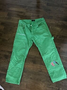 Mechali Green Embroidered Carpenter Pants with Bird Detail